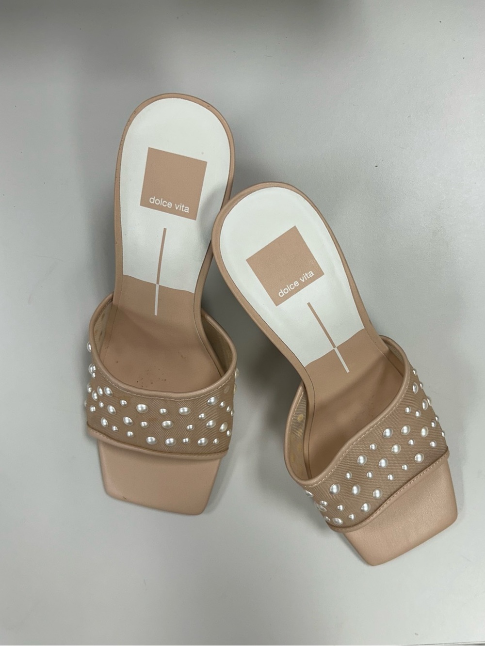 Dolce Vita Nude Pearl-Studded Slide Mules Size 9M